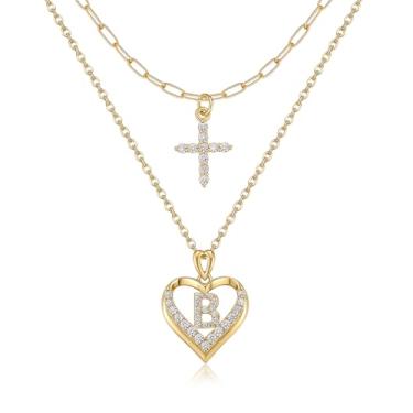 Imagem de YOVIEE Colar com letra inicial para mulheres, banhado a ouro 14 K, zircônia cúbica, coração, conjunto de colar com pingente de cruz, colar, moderno, fofo, gargantilha, colar, joia presente para ela