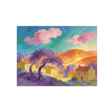 Imagem de Impressão em tela de arte de parede de paisagem - Vila nuvens rosas árvore decoração pintura - imagens para sala de estar 80 x 105 cm 31 x 41 pol sem moldura