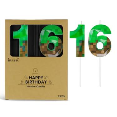 Imagem de Vela de aniversário pixel, velas com número mineiro de 6,8 cm, decoração de aniversário com tema de jogo, para festa de videogame dinamite com tema pixel, aniversário, aniversário (verde, 16)