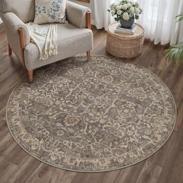 Imagem de HUGEAR Tapete redondo de 1,2 m, lavável à máquina, retrô, marrom, corredor, 10 x 10 cm, pequeno, círculo, vintage, floral, baixa película, tapete macio, sala de estar, escritório, lavanderia, entrada