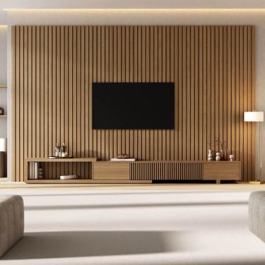 Imagem de Rack Extensível Ripado C/ Painel Ripado P/ Tv 86 Polegadas 360x230cm Aruá Cabecasa Madeiraoriginals Jatoba