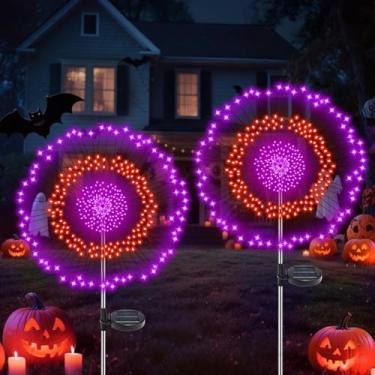 Imagem de Pacote com 2 luzes solares de Halloween ao ar livre, 360 luzes de fogos de artifício solares à prova d'água laranja e roxa com 8 modos de iluminação e temporizador para jardim, quintal, pátio, caminho
