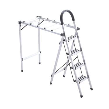 Imagem de Escada multifuncional de secagem de roupas dupla uso aço inoxidável varanda dobrável (cor: Escada A-4 degraus)