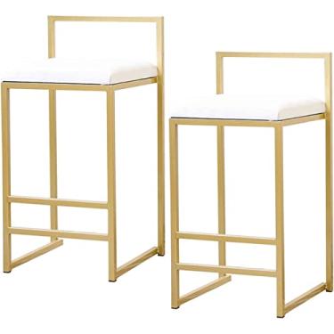 Imagem de Banquetas de bar Bistrô Conjunto de 2 Banquetas de Bar Altura do Balcão Banquinho de Barra de Veludo com Costas Douradas e Banquetas de Ilha de Cozinha Altura