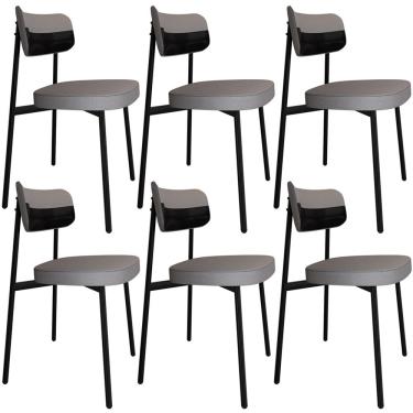 Imagem de Kit 06 Cadeiras Estofada Para Sala de Jantar Astrid Preto C01 Linho Cinza Courino Preto - Lyam Decor