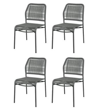 Imagem de Kit 4 Cadeiras Empilhável Leme Fratini Aço Preto Assento E Encosto Trama De Corda Náutica Preto