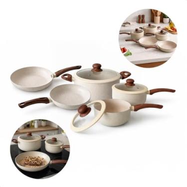 Imagem de Jogo De 5 Panelas Cerâmica Antiaderente Granito Indução Gás Creme