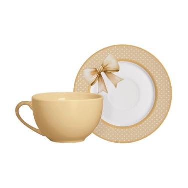 Imagem de Xícara de Chá com Pires em Cerâmica Amarela, 250ml, Design com Poá Branco e Laço Decorativo, Estilo Clássico