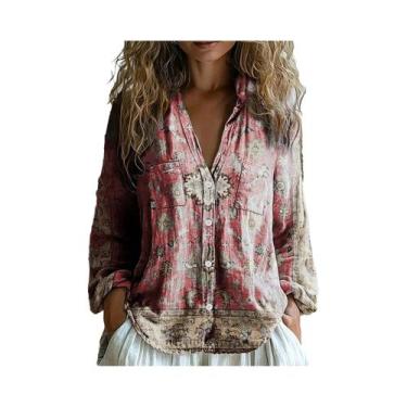 Imagem de Camisa casual feminina de manga comprida com estampa geométrica boêmia