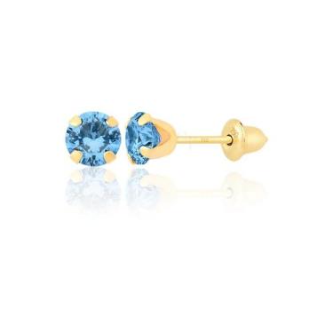 Imagem de Brinco Ouro 18k 750 Pedrinha 4mm Infantil 2º Furo Feminino Azul - Gift