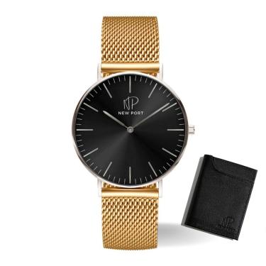 Imagem de Relógio Masculino Dourado Analógico New Port + Porta Cartão