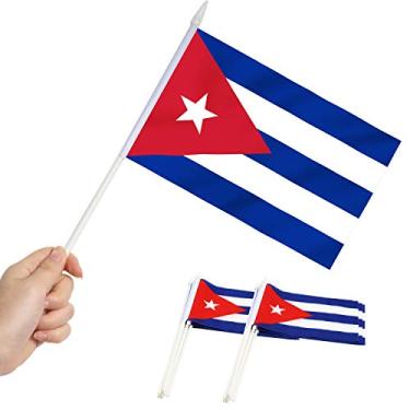 Imagem de Bandeira em miniatura de Anley Cuba - Mini bandeiras cubanas de 5 "x 8" (cores vivas e resistentes ao desbotamento) - bandeira de vara de 5 x 8 polegadas com bandeira de 12 pol. Branca sólida