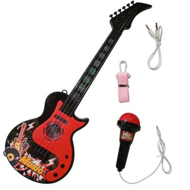 Imagem de Guitarra Microfone Infantil Brinquedo Musical Led Som Realista Diversao Musica Lazer Familia Rockstar