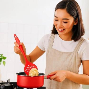Imagem de Escumadeira Silicone Vermelha Fritura Pegador Talheres Batata Concha P