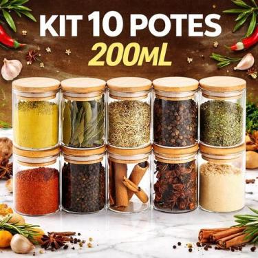 Imagem de Jogo De 10 Potes 200ml Herméticos De Vidro Tampa De Bambu - Praticasa