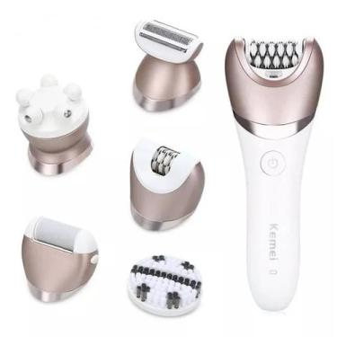 Imagem de Depilador Elétrico Com Limpeza Facial Kemei Kit 5 in 1 Uso Seco e Molh