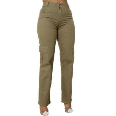 Imagem de Calça Jeans Feminina Wide Leg Cargo - Yets jeans, Marrom, 40