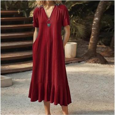 Imagem de Vestido Longo Feminino De Algodão E Cânhamo Com Decote Em V E Mangas C
