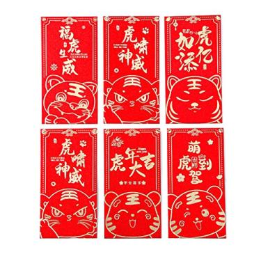 Imagem de 6 envelopes vermelhos de ano novo chinês 2022 pacote de dinheiro da sorte tigre zodíaco Hong Bao Lai Ver presente Dinheiro Fu Xi Ouro Lunar Spring Festival Aniversário Chá de bebê Festa de casamento (A)
