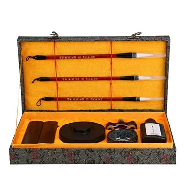 Imagem de Conjunto de caligrafia chinesa, conjunto de quatro tesouros chineses de escova de caligrafia, caneta, tinta, papel e caligrafia pedra de tinta conjunto de caixa de presente prática.