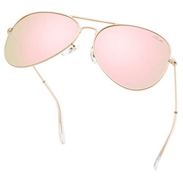 Imagem de livho Óculos de sol aviador polarizados clássicos com lentes espelhadas UV de metal retrô, Lente espelhada rosa (ouro rosa) armação dourada, Medium