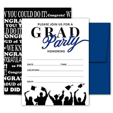 Imagem de 25 convites de festa de formatura azul e preto com envelopes para faculdade, ensino médio, comemoração de graduação ou anúncio - cartões de convite com estilo - artigos de decoração de festa