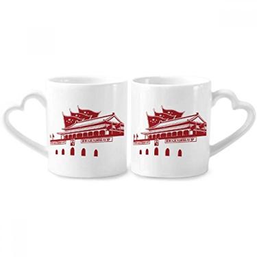Imagem de Bandeira Tiananmen Emblema Chinês Vermelho Casal Porcelana Conjunto de Caneca de Cerâmica Amante Copo Punho de Coração