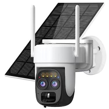 Imagem de Câmera de segurança celular 4G LTE para exteriores, câmera solar sem fio alimentada por bateria 2K com lente dupla vista ampla, visão noturna colorida com holofote 2K e conversa bidirecional