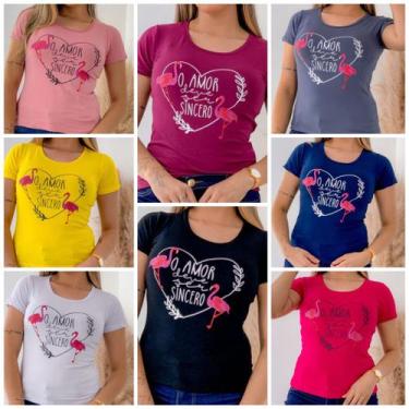 Imagem de Kit 5 Blusas Femininas T-Shirt Flamingo Manga Curta - Gk