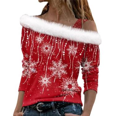 Imagem de Elogoog Vestidos de suéter para mulheres 2023 na moda camisa feliz natal para mulheres pulôver ombro frio árvore fofa flocos de neve tops sexy vermelho copo de vinho estampado suéter (rosa choque, médio), Rosa choque, M