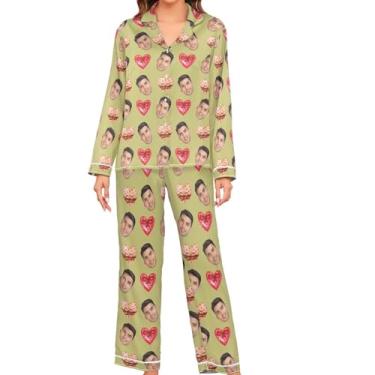 Imagem de JUNZAN Conjunto de pijama feminino de manga comprida personalizado vermelho rosa cetim 2 peças loungewear abotoado pijama feminino, Caqui, XXG