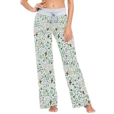 Imagem de KLL Calças de pijama femininas com cordão e folhas verdes de visco de Natal, Folhas e bagas verdes de visco de Natal, M