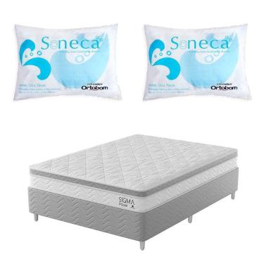 Imagem de cama box com colchão casal sigma molas ensacadas (22x138x188) branco e cinza com 2 travesseiros soneca branco