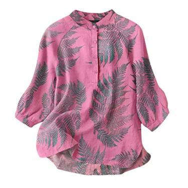Imagem de Camiseta feminina verão gola mandarim botão manga 3/4 estampada túnica fina e leve blusas casuais Camisa Estampado Lençóis de algodão Na moda feminina babados feminina Folhas M66-Rosa Large