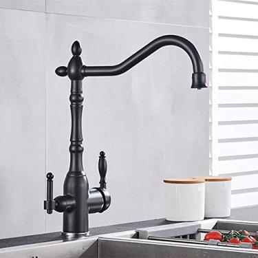 Imagem de Torneira dourada com filtro de cozinha, torneira de bronze com rotação 360, purificação, alça dupla, modo de água quente e fria, preto fosco