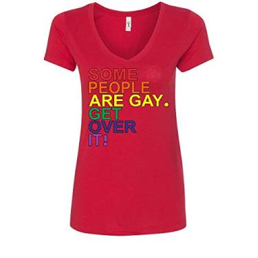 Imagem de Some People are Gay. Get Over It! Camiseta feminina gola V orgulho LGBTQ arco-íris, Vermelho, M