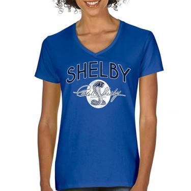 Imagem de Camiseta feminina com logotipo vintage Shelby Cobra gola V American Legendary Mustang 427 GT500 GT350 Performance Powered by Ford Tee, Azul, GG