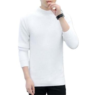 Imagem de MQMYJSP Suéter masculino casual outono inverno solto gola redonda tricô manga longa pulôver masculino cor sólida, Branco, M