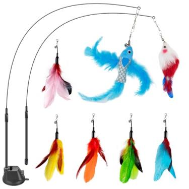 Imagem de Chewtoyo Brinquedo de varinha de pena falsa com ventosa para gatos – Conjunto de refis de gatinho