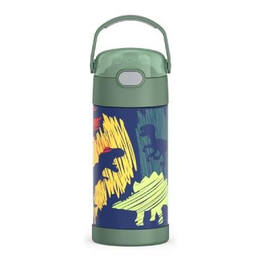 Imagem de THERMOS FUNTAINER Garrafa de água com canudo - 340 g - Garrafa de água infantil isolada a vácuo de aço inoxidável com tampa, dinossauros