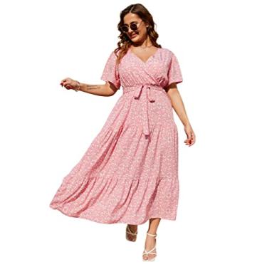 Imagem de KOJOOIN Vestido longo feminino plus size com decote em V, cintura alta, babados, manga curta, vestido casual de verão com cinto, Flor rosa, 3G