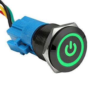 Imagem de ESUPPORT Preto 19mm 12V 5A Símbolo de Energia Olho de Anjo Halo Carro Verde LED Luz Metal Botão Alternar Chave Soquete Fio Plugue À Prova D 'Água