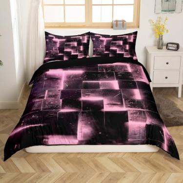 Imagem de Jogo de cama de edredom preto rosa abstrato gradiente, capa de edredom queen quadriculada neon, conjunto de cama Queen, xadrez brilhante, decoração de quarto moderno, 3 peças (preto reversível)