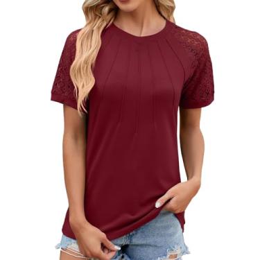 Imagem de Camisetas femininas de malha de renda e manga curta, gola redonda, plissada, cor sólida, caimento solto, túnica de verão, Vermelho, P