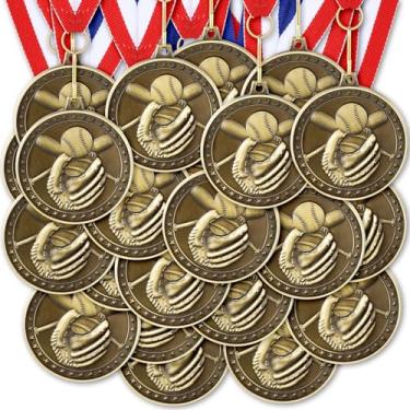 Imagem de Loetere 60 medalhas de prêmio com fitas de pescoço Troféus esportivos de bronze para crianças Medalhas de torcida de pista de 5 cm para suprimentos de festa esportiva participação em jogos escolares,