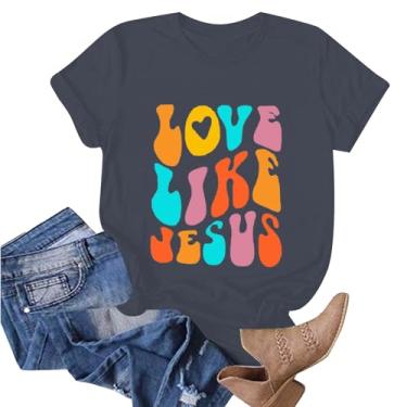 Imagem de Camiseta Jesus Loves You de manga curta com estampa de Jesus, leve, básica, férias, casual, manga curta, dizeres abençoados, 08 - Cinza, P