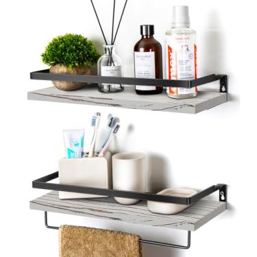 Imagem de SODUKU Prateleiras flutuantes para parede, prateleiras de banheiro com barra de toalha, prateleiras de armazenamento montadas na parede para cozinha, banheiro, conjunto de 2 cinza