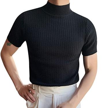 Imagem de Camisetas masculinas de malha gola rolê 2024 manga curta casual verão camisetas modernas camisetas masculinas, Preto, 3G