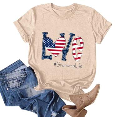 Imagem de Camisetas femininas com bandeira americana, manga curta, estampa Love Grandma Life, Dia da Independência, patriótico, casual, caimento solto, Bege, GG
