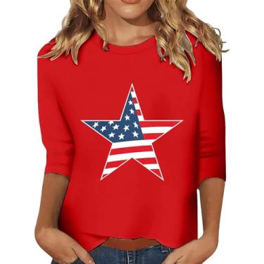 Imagem de 4th of July Camisetas femininas 4th of July Shirts Star Stripes 3/4 manga bandeira americana blusas soltas casuais, Vermelho #2, G